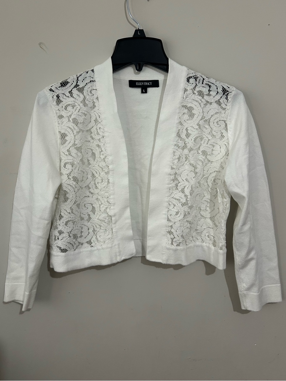 Ellen Tracy Lace Open-Front Cropped Sweater, Size Large